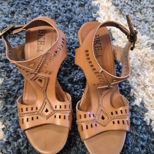 BKE Tan Laser-Cut Leather Ankle-Strap Sandals